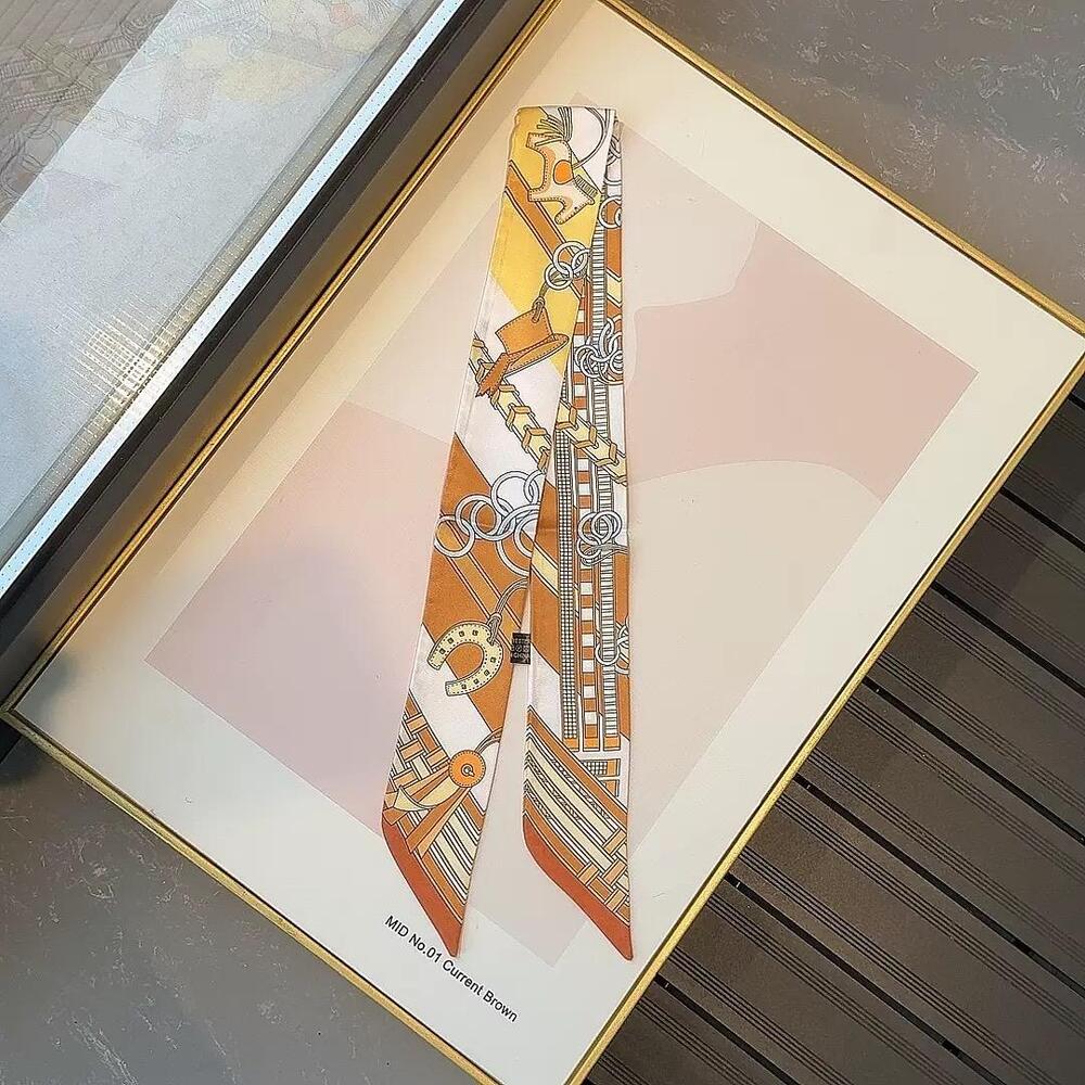 Luxury Style Chain Buckle Icon Print Silky Purse or Neck Scarf*Brown